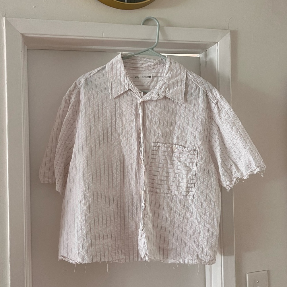 White Striped Short Sleeve Cropped Shirt